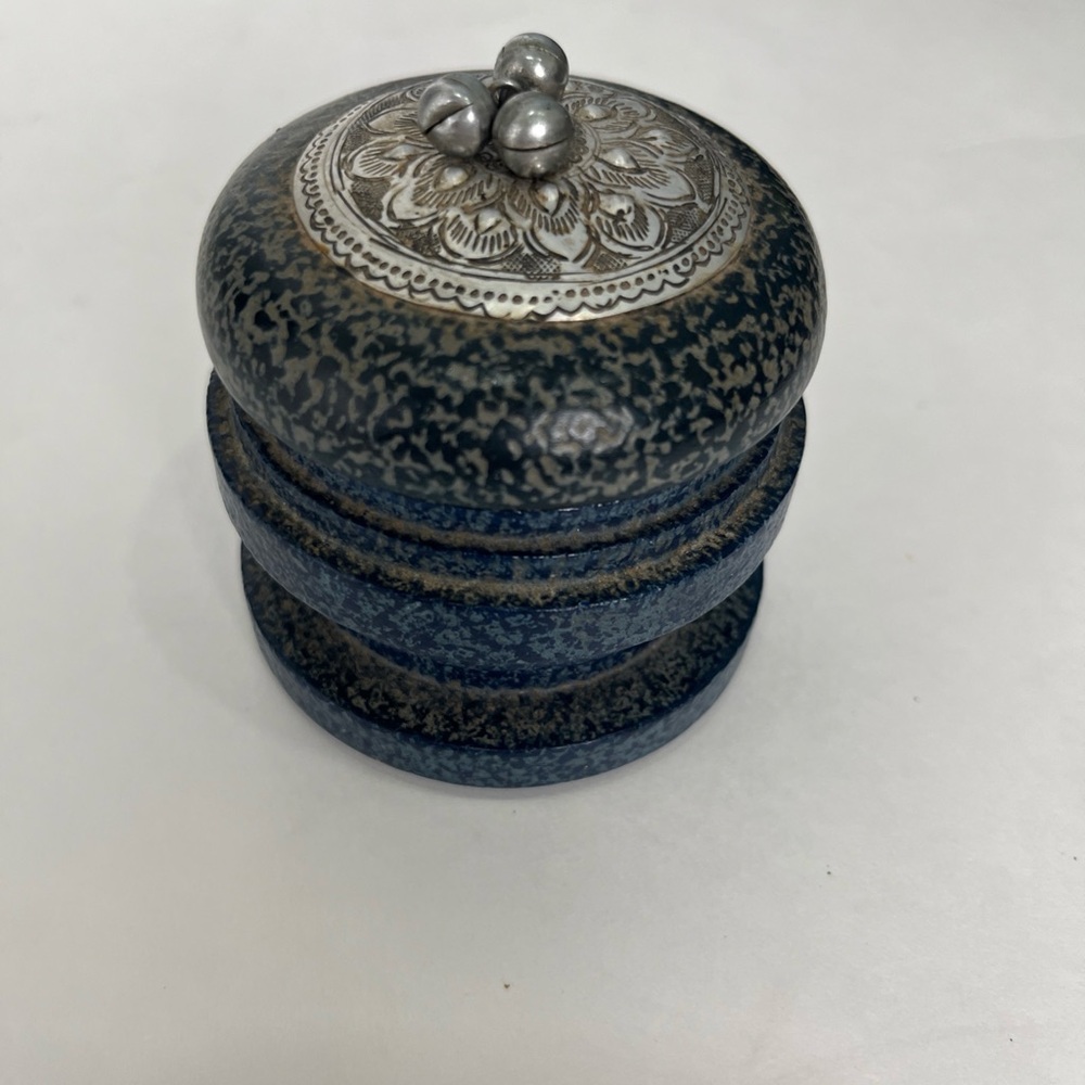 Vintage Hand Turned Mango Wood Trinket Box Hand Tooled Metal Thailand